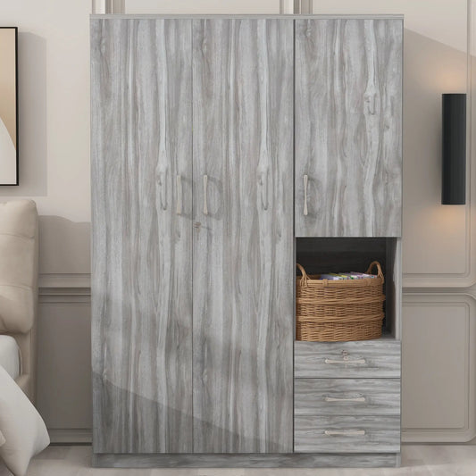 Wooden Wardrobe with Shelves, 3 Drawers, Hanging Rod, 47" L x 20" W x 69" H, Grey Clothing Storage Grey at Gallery Canada