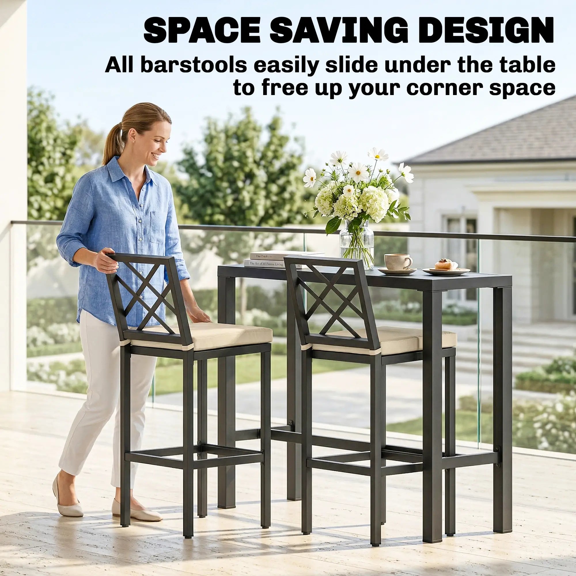 3 Piece Patio Bar Set, Outdoor Bar Table and Stools, Electrophoresis Steel Tabletop, X Back, Footrest, Cushions, Khaki Bistro Sets at Gallery Canada