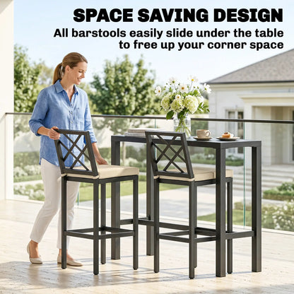 3 Piece Patio Bar Set, Outdoor Bar Table and Stools, Electrophoresis Steel Tabletop, X Back, Footrest, Cushions, Khaki Bistro Sets at Gallery Canada