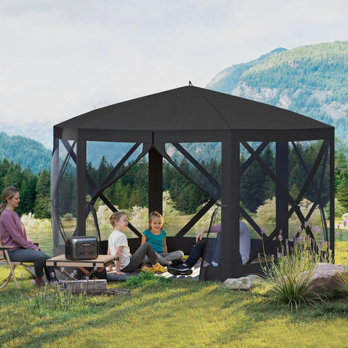 12' x 12' Hexagon Pop Up Screen Tent, Camping Shelter w/ Mesh, Carry Bag, Black