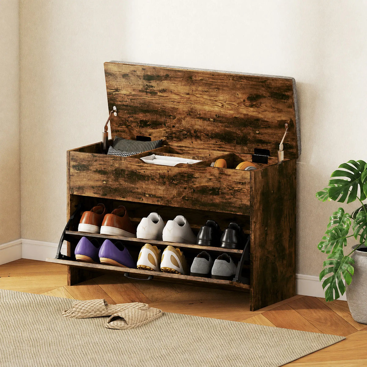 Shoe Storage Bench with Flip Drawer, Lift Top, Seat Cushion, Rustic Brown Shoe Storage Cabinets & Racks at Gallery Canada