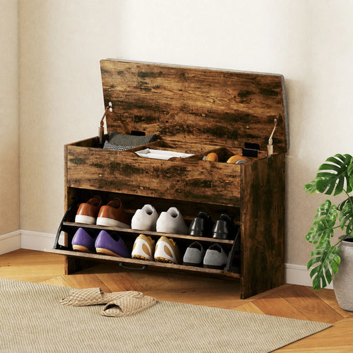 Shoe Storage Bench with Flip Drawer, Lift Top, Seat Cushion, Rustic Brown