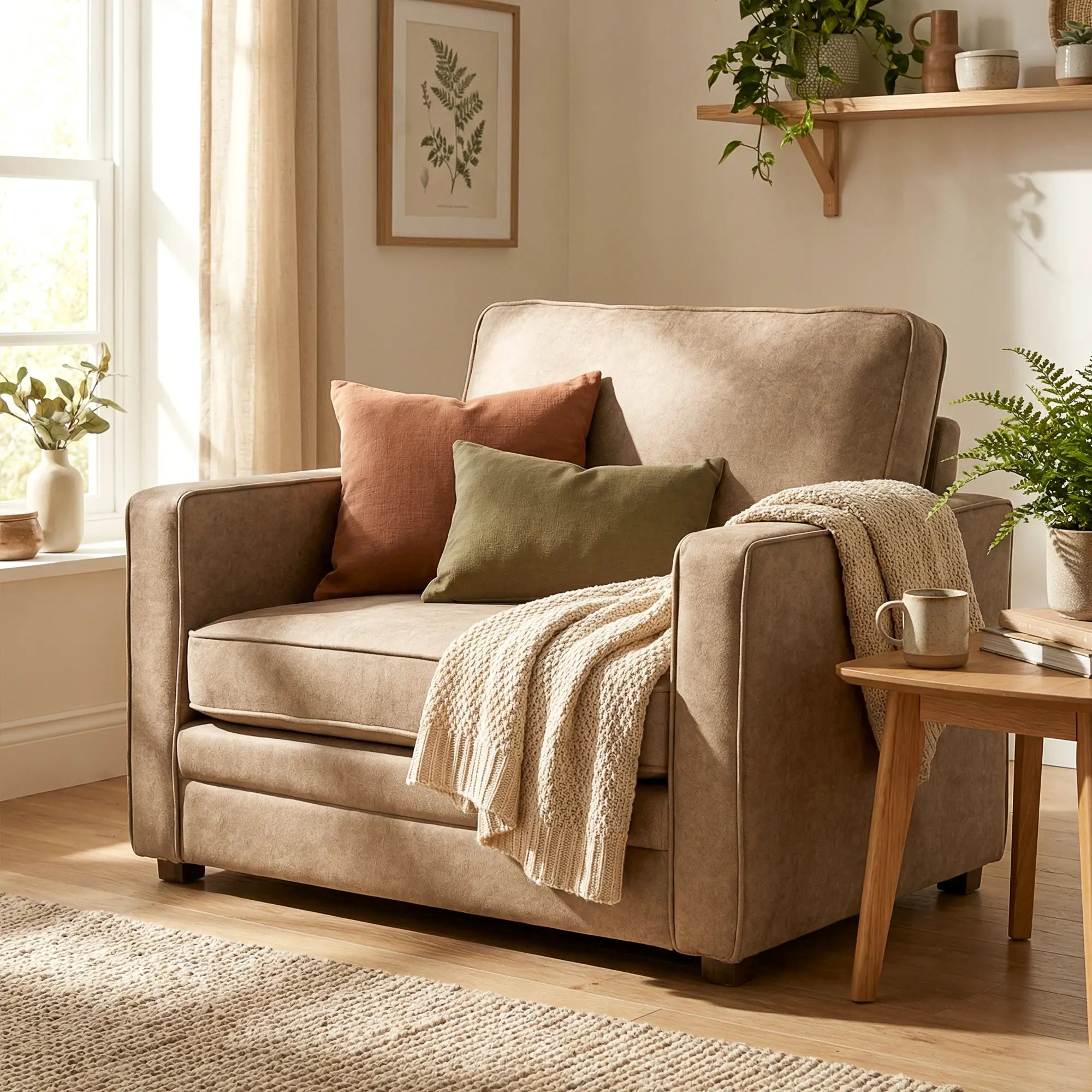 Velvet Fabric Armchair, Wide Seat, Spring Cushion, Solid Wood Legs, Brown Single Sofas at Gallery Canada