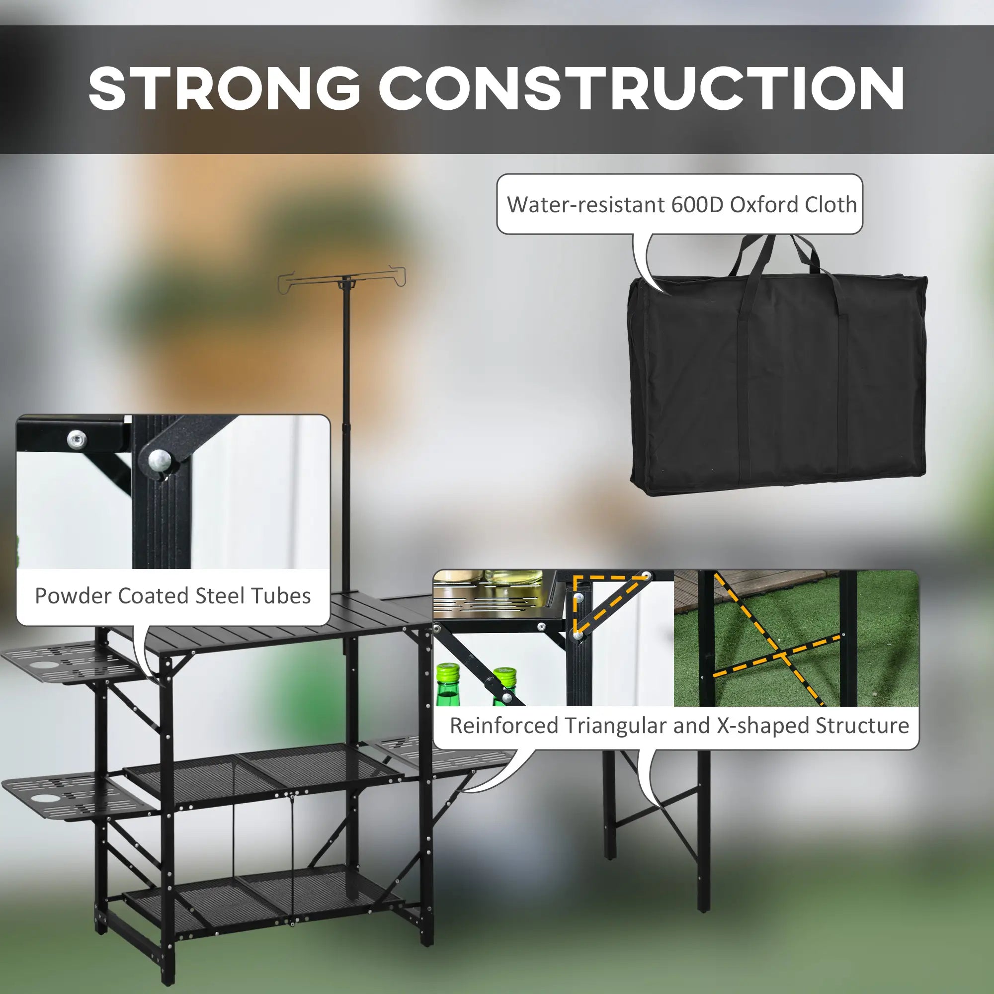 Folding Camping Kitchen, Portable Aluminum Cook Station, 3 Side Tables, 2 Shelves, Black Picnic Tables & Camping Chairs at Gallery Canada