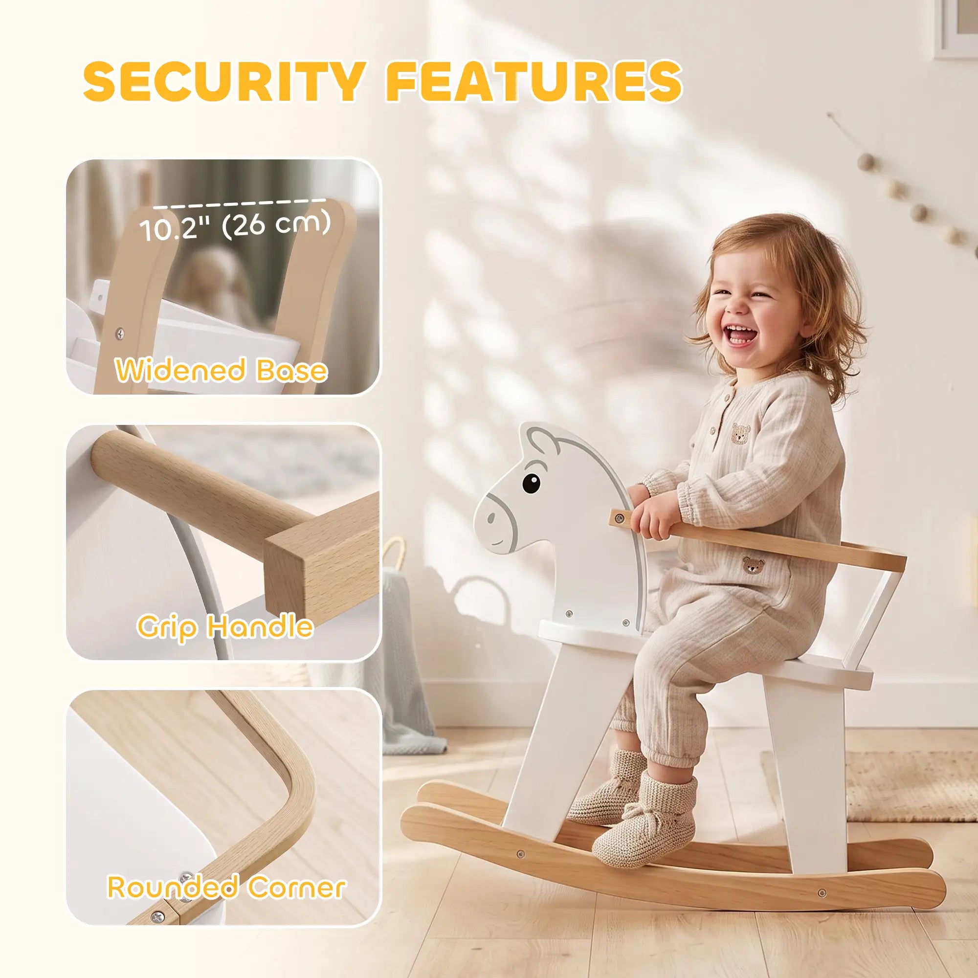 2 in 1 Rocking Horse Ride On, Removable Fence, No-Tip, White Rocking Horses at Gallery Canada
