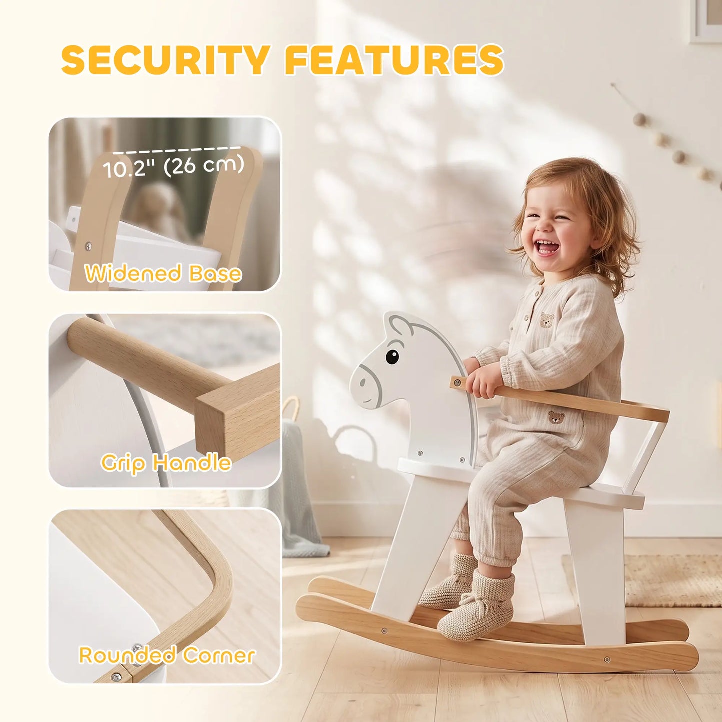 2 in 1 Rocking Horse Ride On, Removable Fence, No-Tip, White Rocking Horses at Gallery Canada