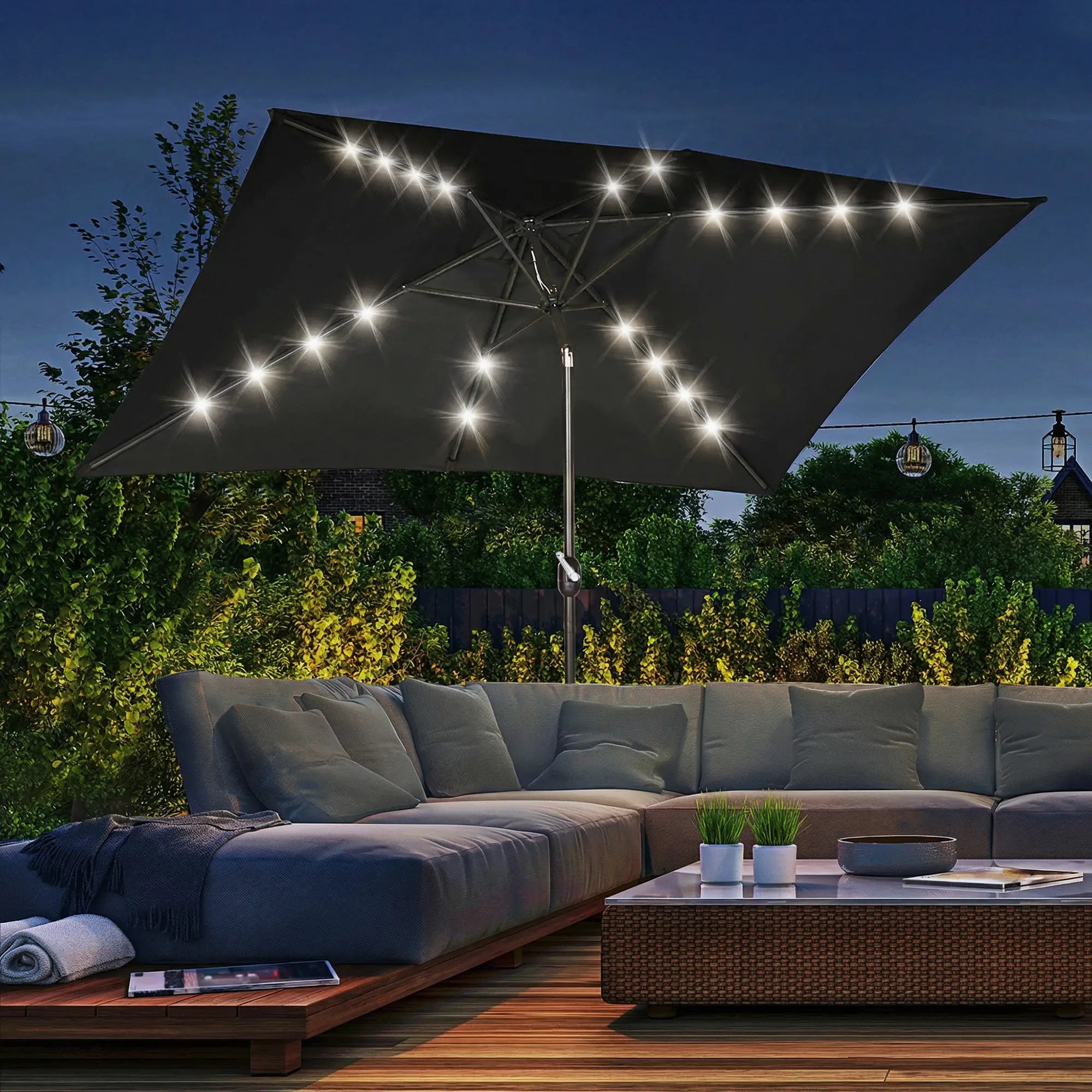 6.5x10ft Rectangle Tilt Patio Umbrella With LEDs, Black Sun Umbrellas at Gallery Canada