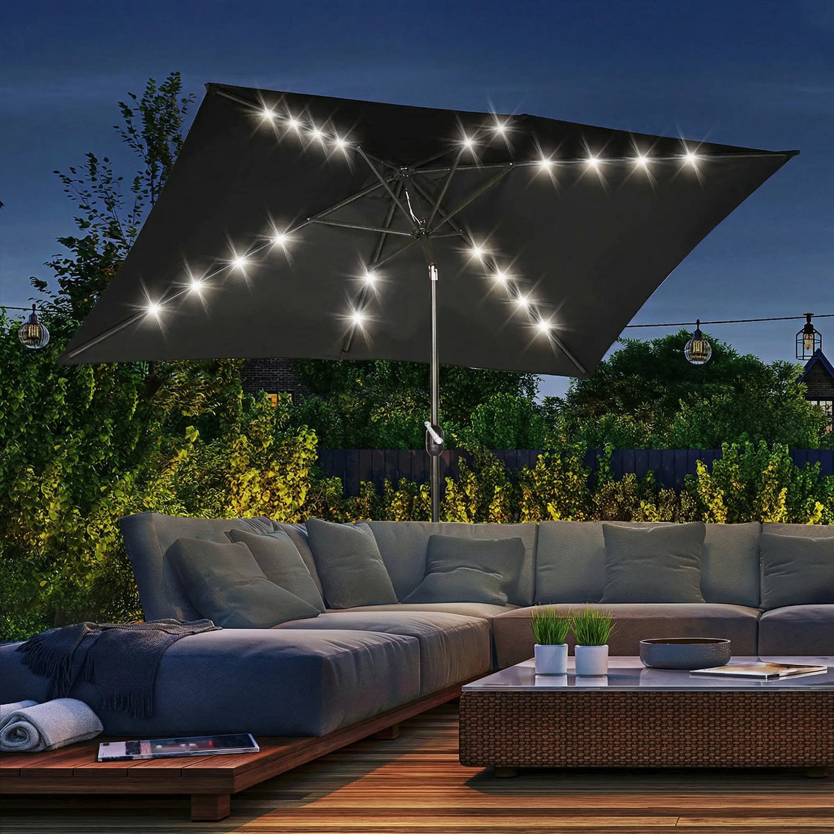 6.5x10ft Rectangle Tilt Patio Umbrella With LEDs, Black Sun Umbrellas at Gallery Canada