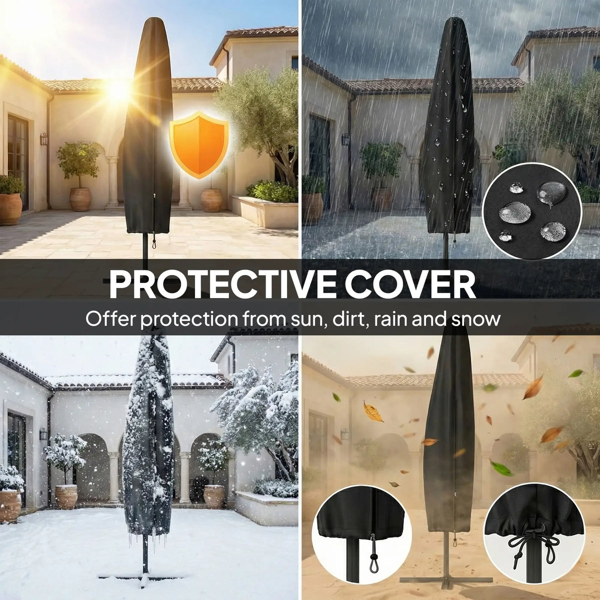 9.7ft Solar LED Cantilever Patio Umbrella, 32 LED Lights, Dark Blue Offset Cantilever Umbrellas at Gallery Canada