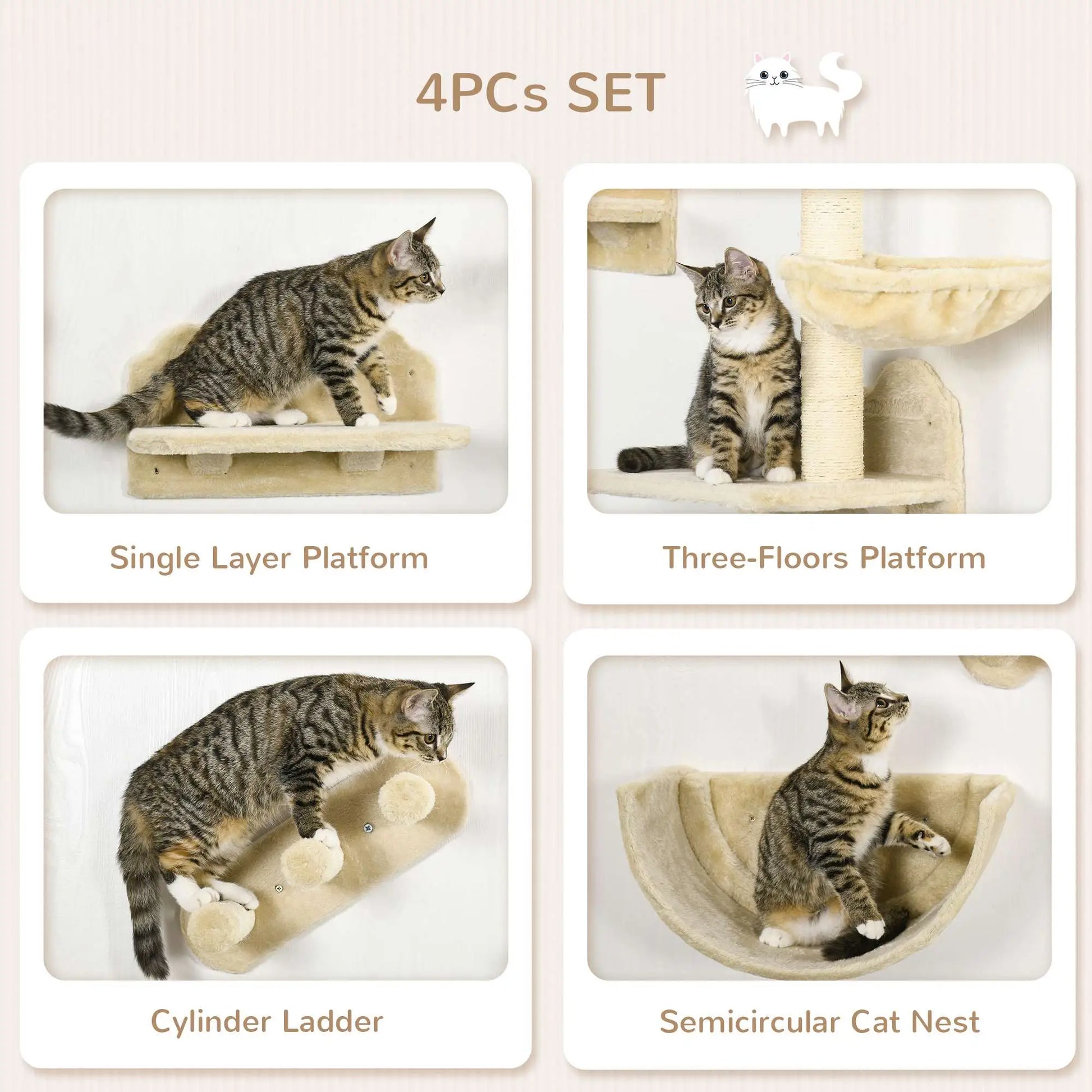 Cat Wall Shelves, 3PCs with Hammock, Scratching Post, Beige Cat Climbing Wall at Gallery Canada