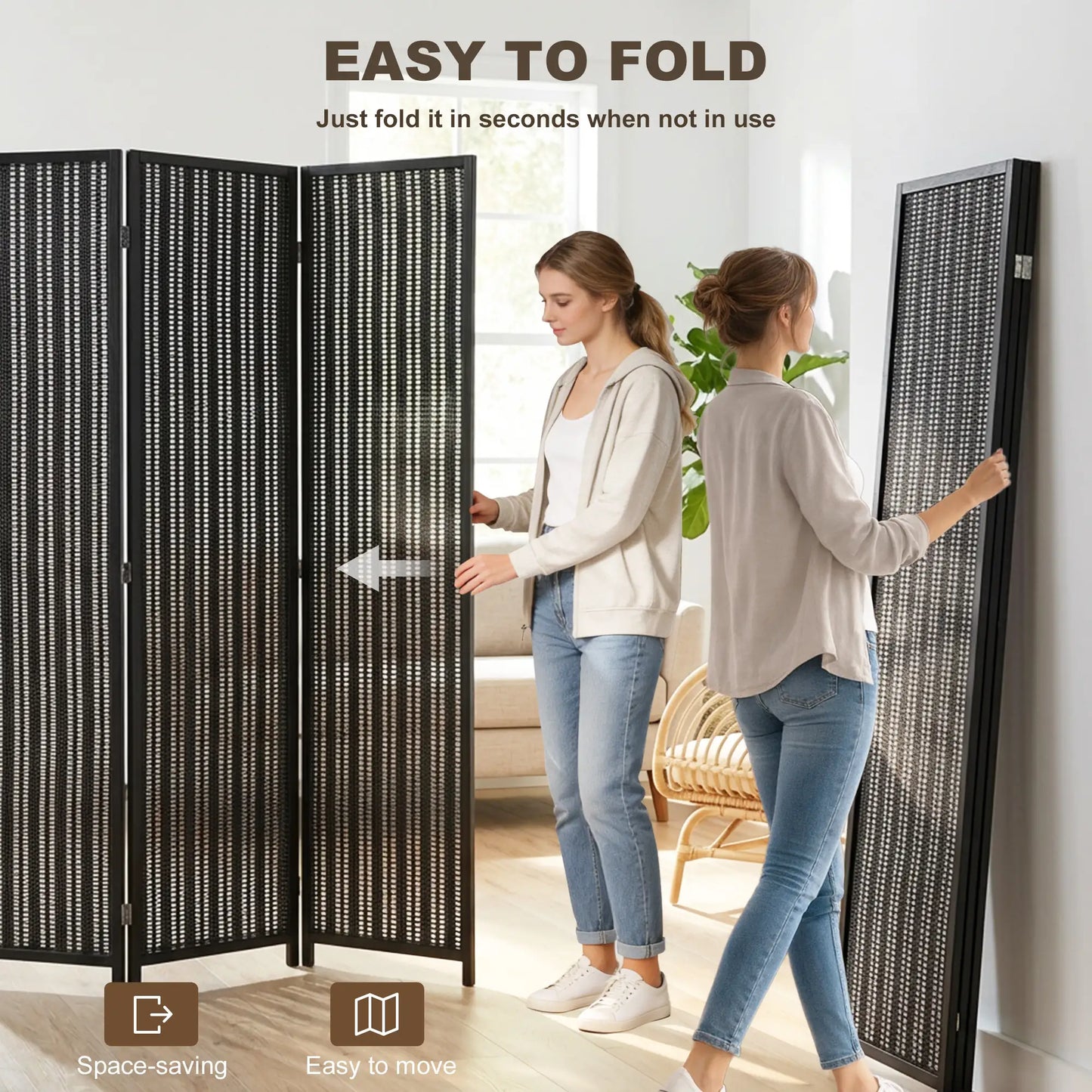 Folding Privacy Screen, 6 Panel Room Divider, Handwoven Bamboo, Black Room Dividers at Gallery Canada