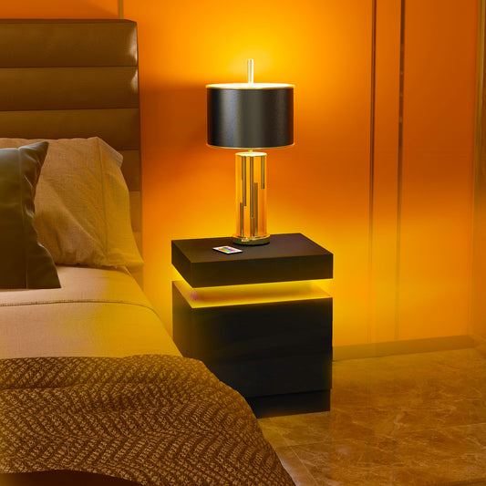 High Gloss Nightstand, Bedside Table with LED Lights and 2 Drawers for Bedroom, Living Room, Black - Gallery Canada