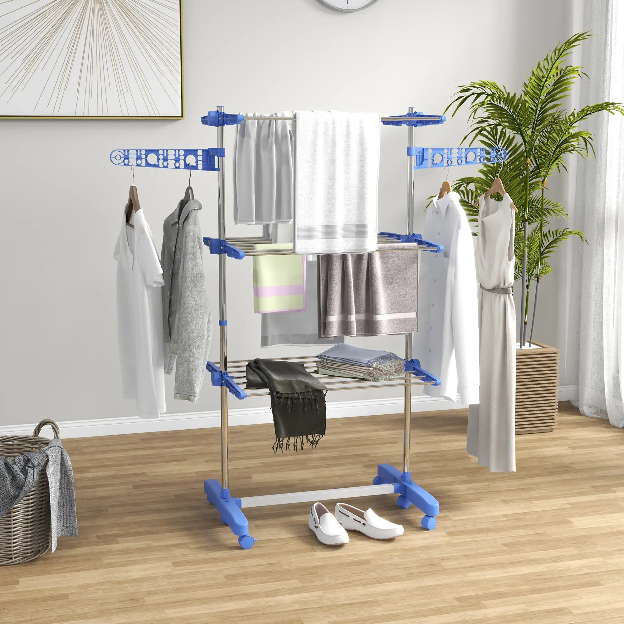 3-Tier Clothes Drying Rack, Stainless Steel Laundry Rack with 2 Side Wings and 6 Castors, Collapsible Adjustable Clothes Airer for Indoor Outdoor, Blue Bath Accessories at Gallery Canada