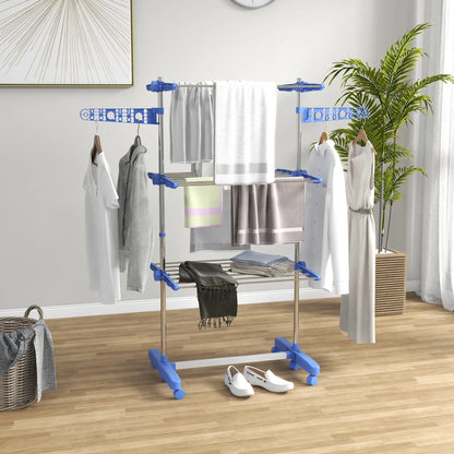 3-Tier Clothes Drying Rack, Stainless Steel Laundry Rack with 2 Side Wings and 6 Castors, Collapsible Adjustable Clothes Airer for Indoor Outdoor, Blue Bath Accessories at Gallery Canada