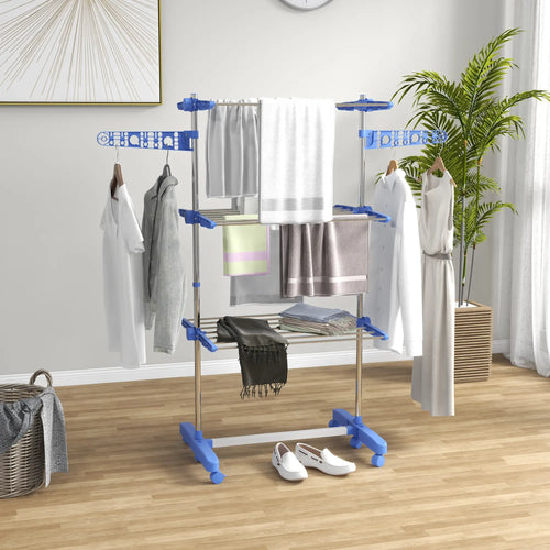 3-Tier Clothes Drying Rack, Stainless Steel Laundry Rack with 2 Side Wings and 6 Castors, Collapsible Adjustable Clothes Airer for Indoor Outdoor, Blue