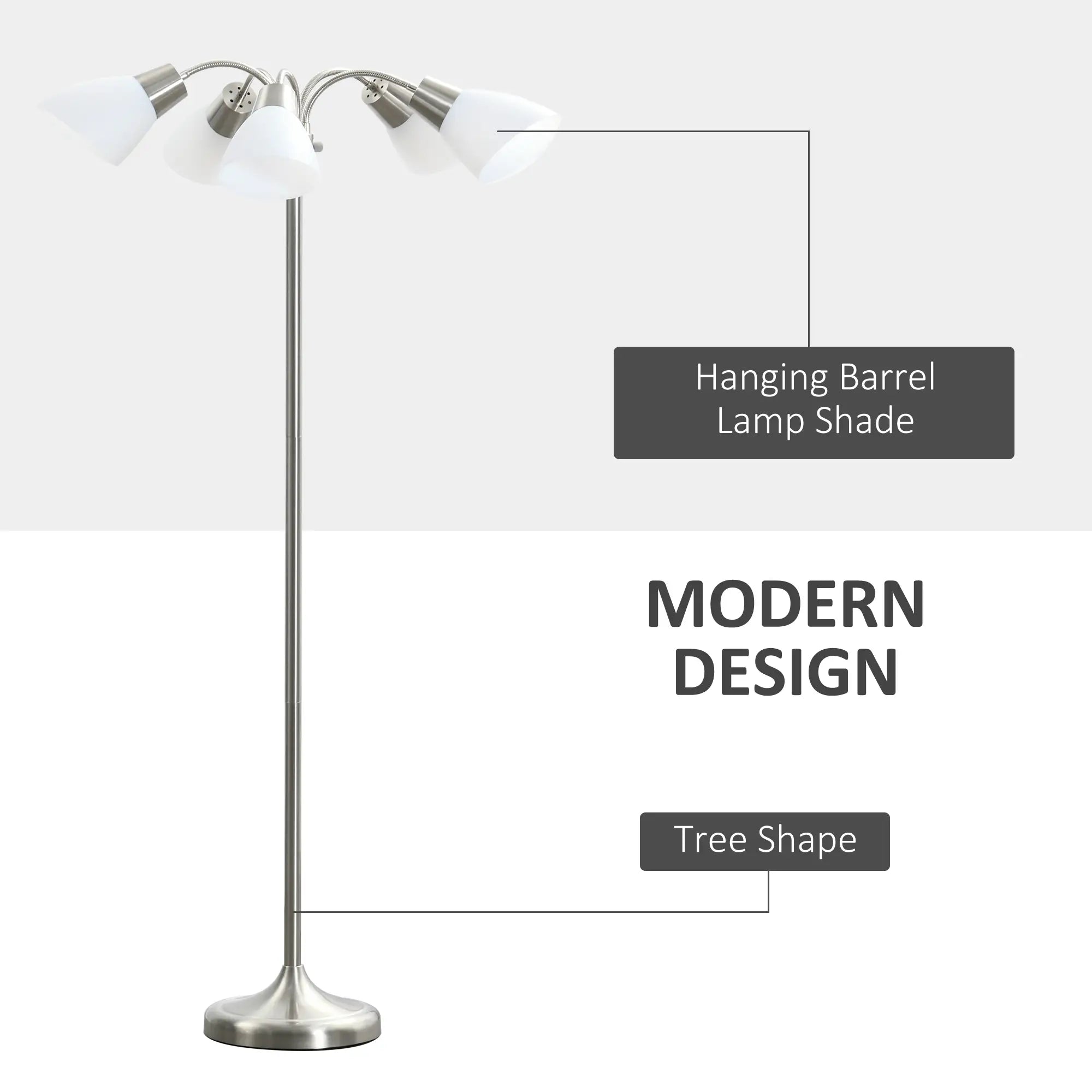 Arc Tree Floor Lamp with 5 Adjustable Rotating Lights, Modern Standing Gooseneck Reading Light for Living Room Bedroom Office, Satin Nickel Floor Lamps & Ceiling Fan Lights at Gallery Canada