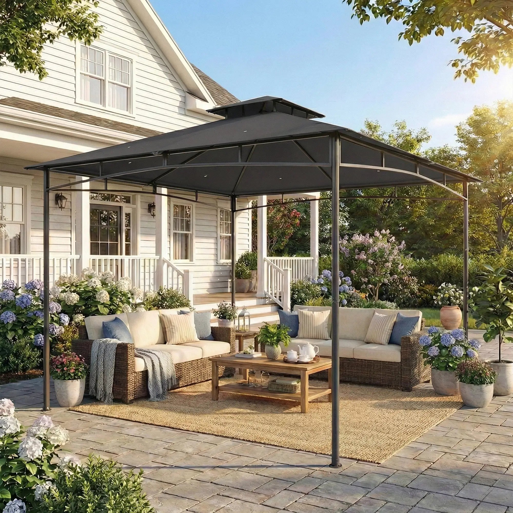 10' x 10' Gazebo, Metal Frame, 2-Tier Roof, Dark Grey Gazebos at Gallery Canada