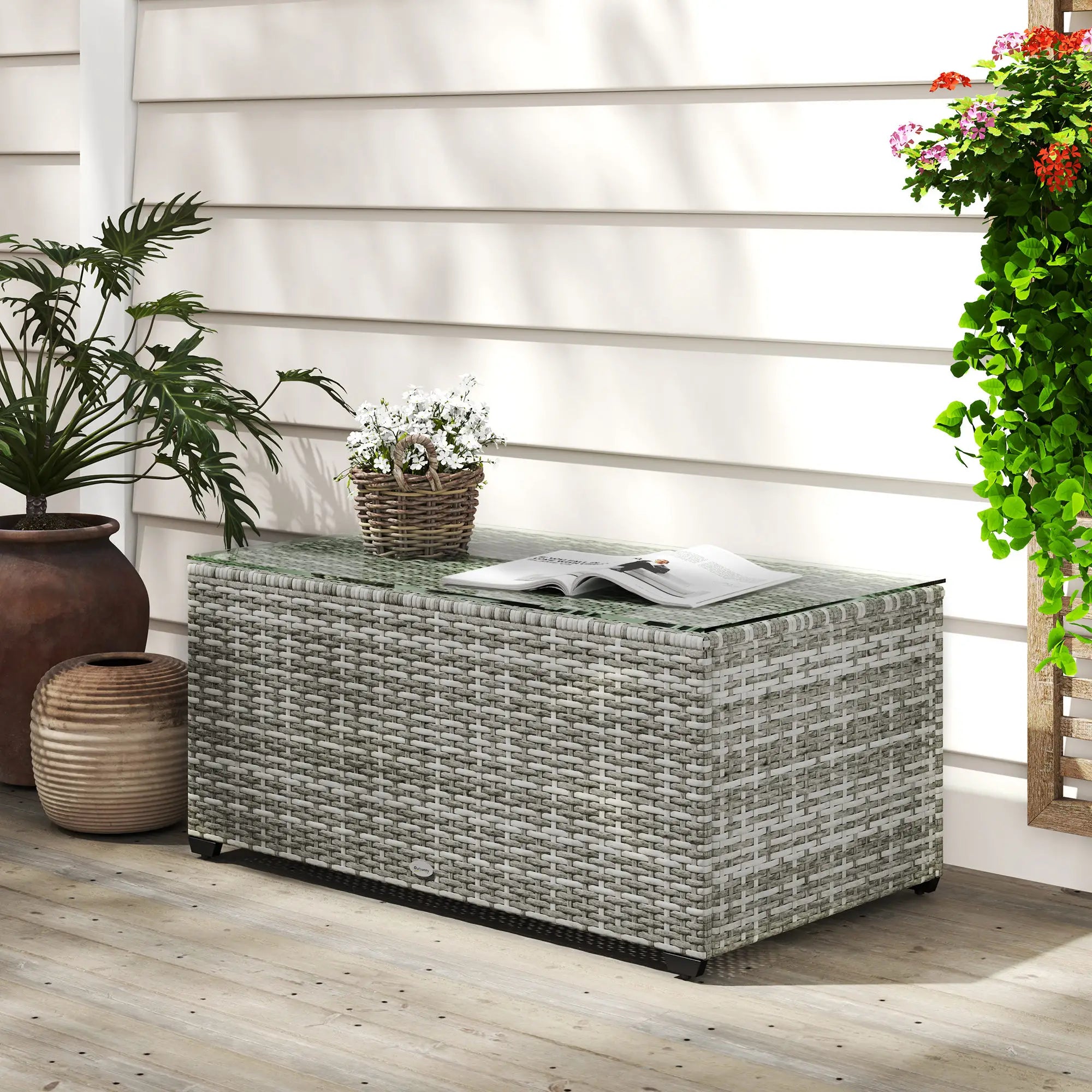 PE Wicker Outdoor Coffee Table, Rectangular Patio Table With Tempered Glass Top, Light Grey Patio Side Tables at Gallery Canada