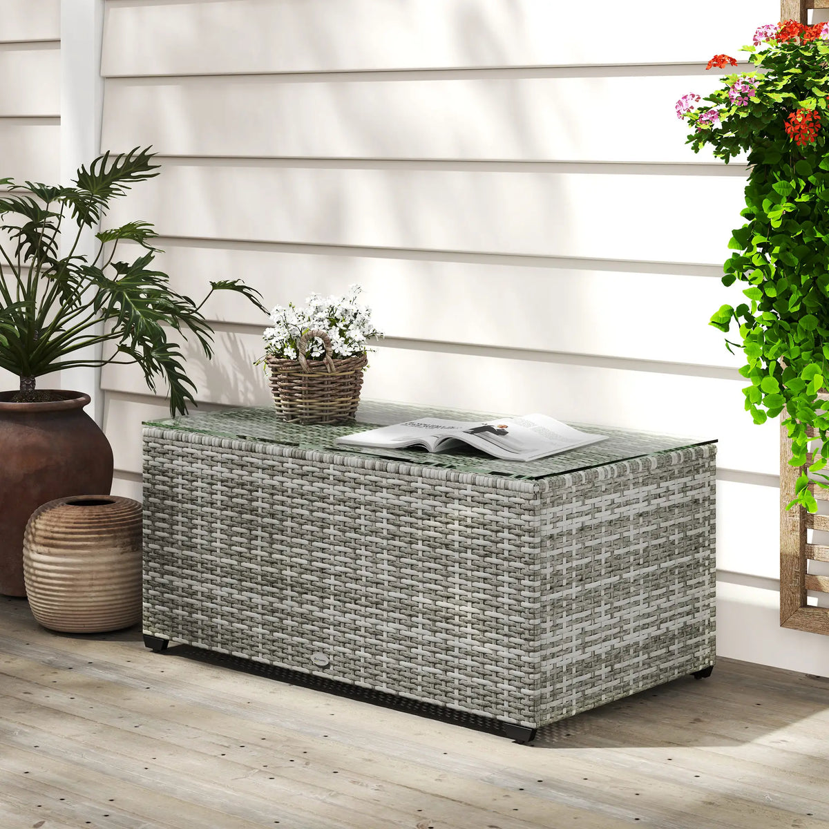 PE Wicker Outdoor Coffee Table, Rectangular Patio Table With Tempered Glass Top, Light Grey Patio Side Tables at Gallery Canada