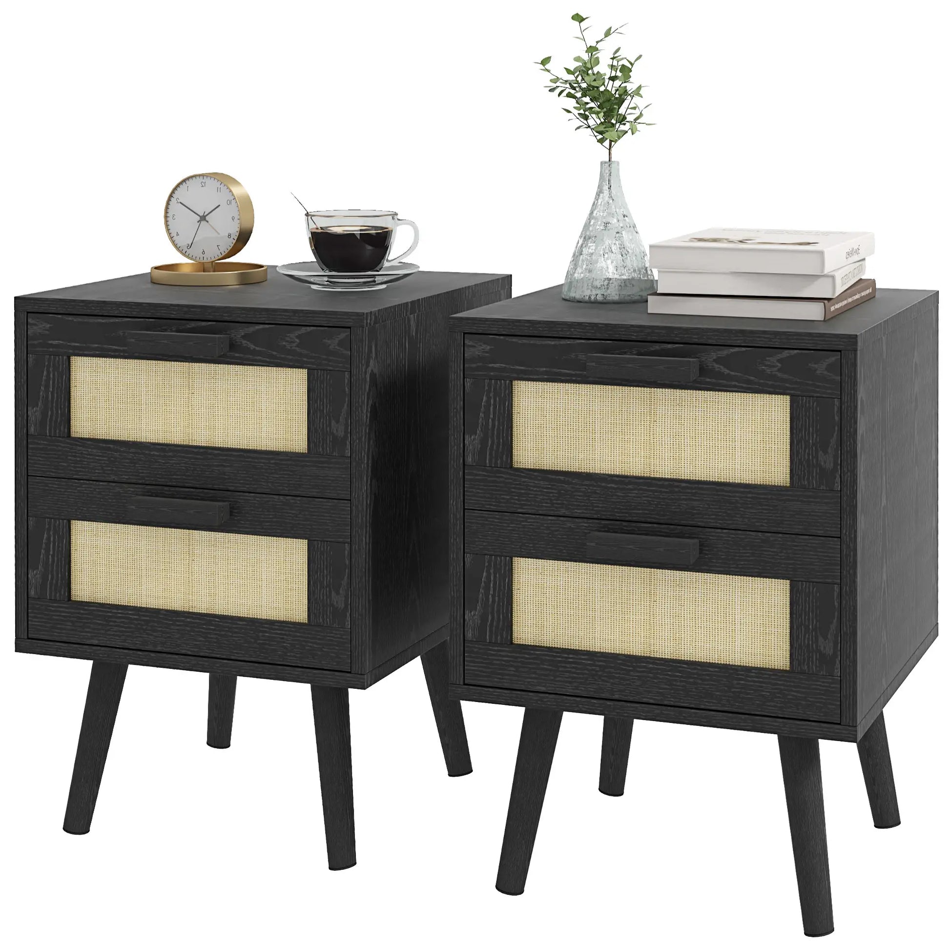 Boho Nightstands Set of 2, 2 Drawers, Bedroom Living Room, Black Bedside Tables Black, Natural Wood at Gallery Canada