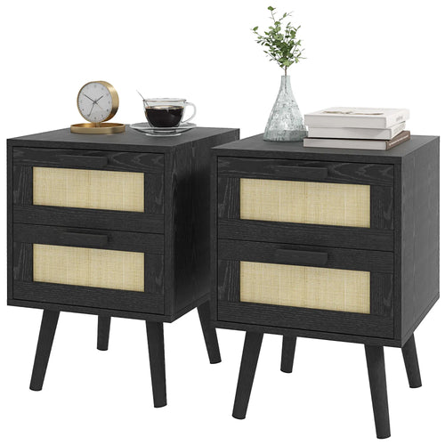 Boho Nightstands Set of 2, 2 Drawers, Bedroom Living Room, Black