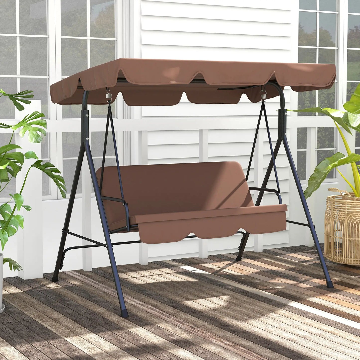 3-Seater Outdoor Porch Swing, Adjustable Canopy, Brown Patio Swings with Stand at Gallery Canada