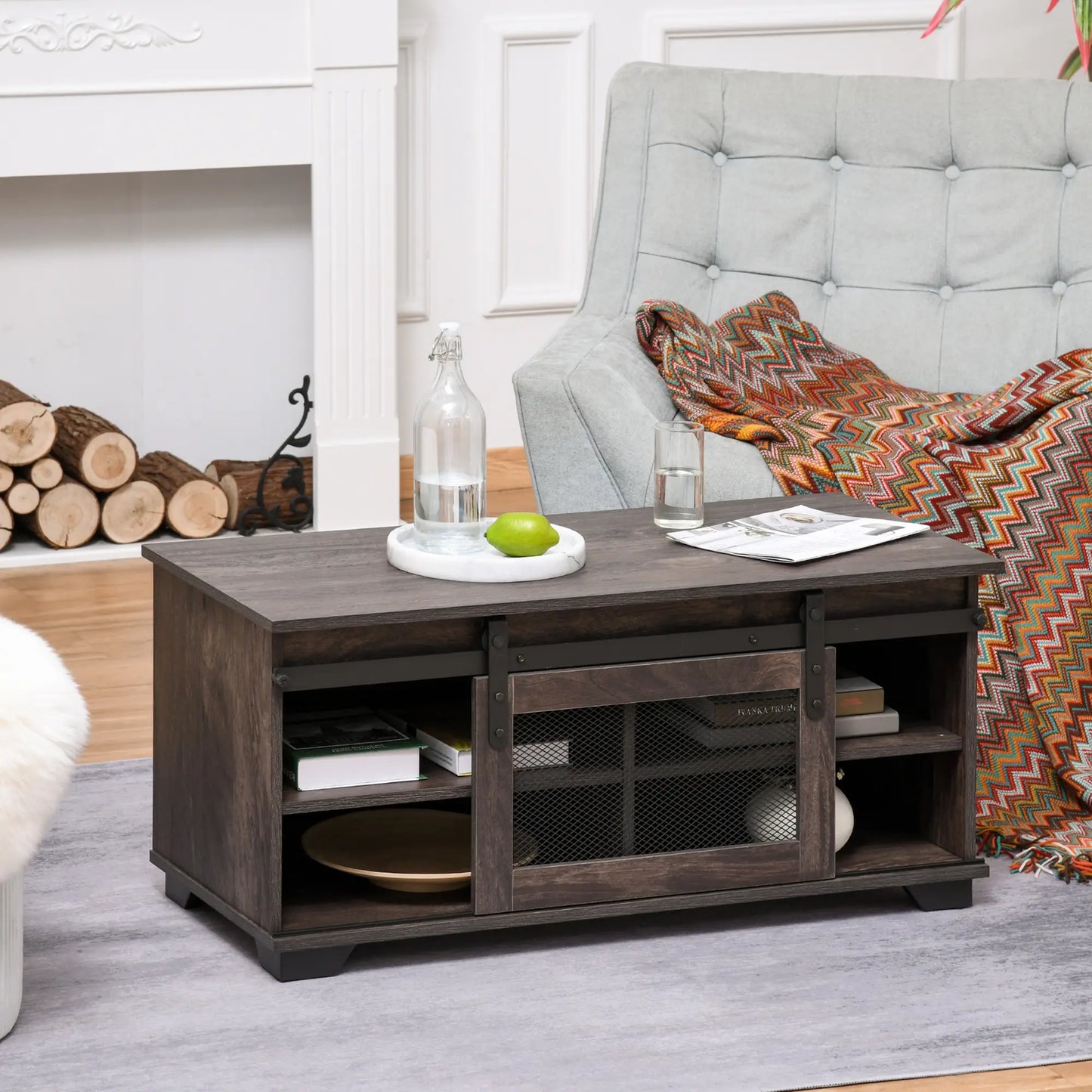 Farmhouse Coffee Table, Sliding Mesh Barn Door, Adjustable Shelf, Dark Brown Coffee Tables at Gallery Canada