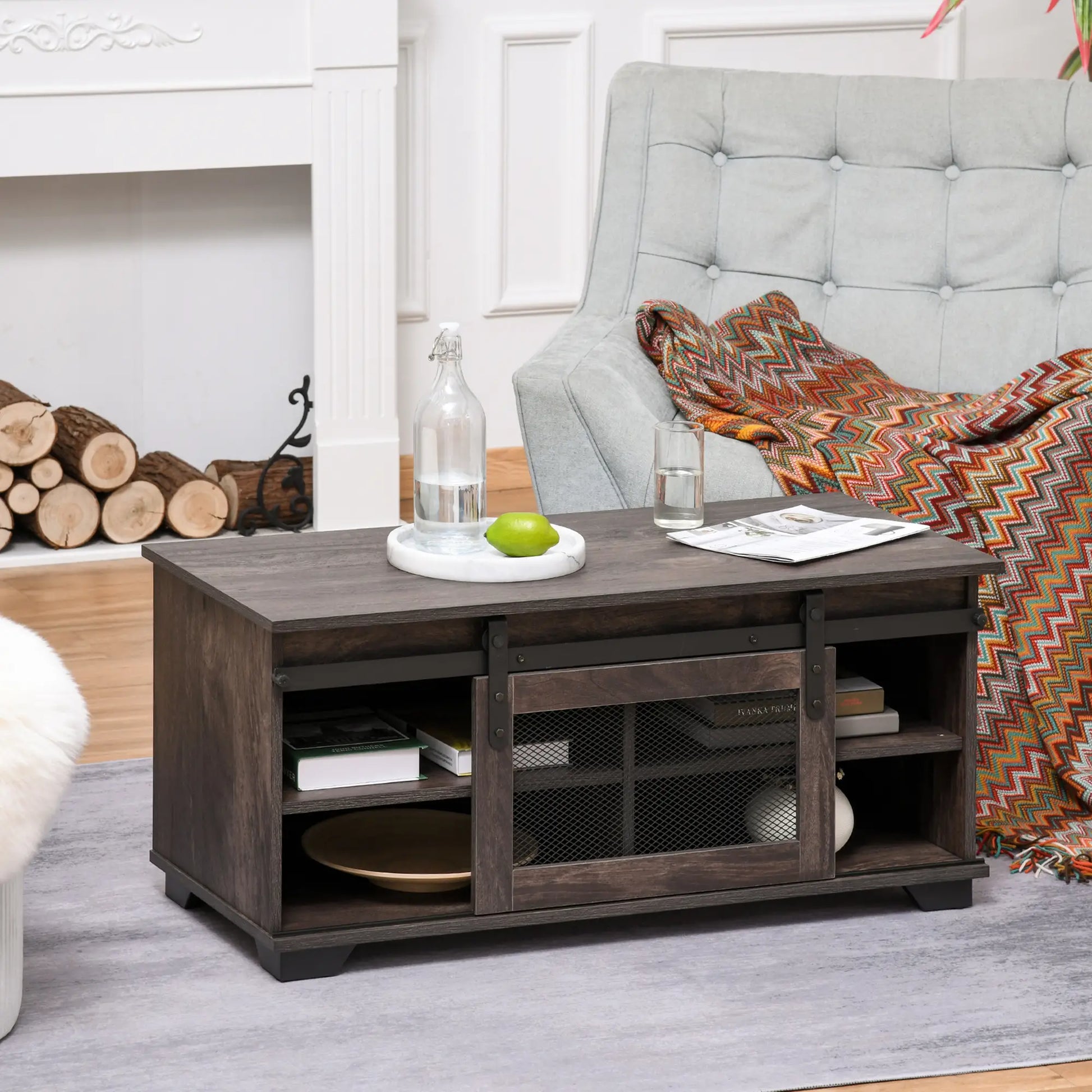 Farmhouse Coffee Table, Sliding Mesh Barn Door, Adjustable Shelf, Dark Brown Coffee Tables at Gallery Canada