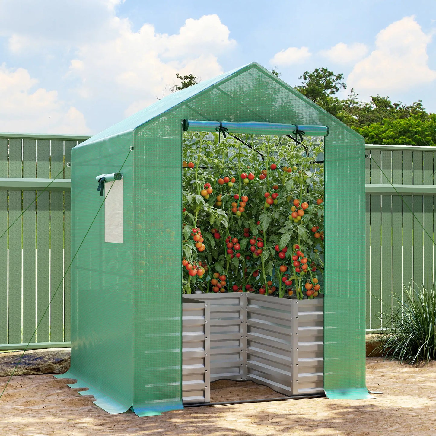 Greenhouse With Raised Garden Bed, Galvanized Metal Planter Box, 56" x 56" x 75", Green Portable Greenhouses at Gallery Canada