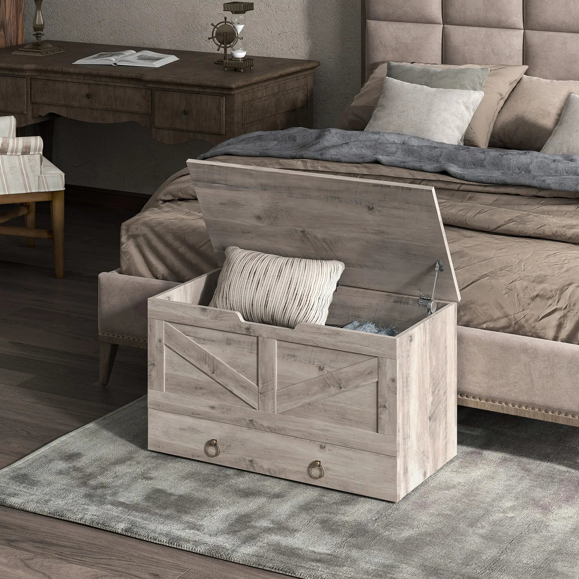 31.5 Inches Storage Chest, Wooden Box, Grey Wood Grain Storage Cabinets at Gallery Canada