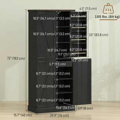 72" Tall Kitchen Pantry Cabinet, Farmhouse Storage Cabinet with 8 Door Racks and Adjustable Shelves, Black Kitchen Pantry Cabinets at Gallery Canada