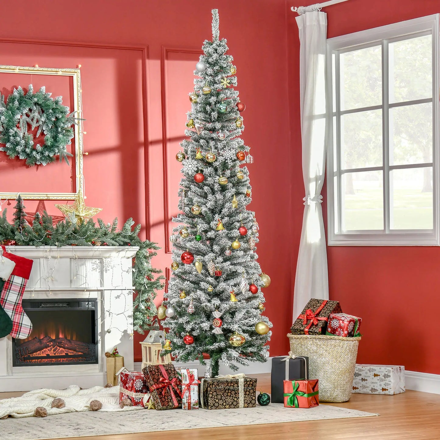 7.5ft Flocked Pencil Christmas Tree, Realistic Tips, Green Pencil Christmas Trees at Gallery Canada