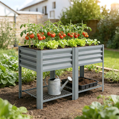 Lit de jardin surélevé avec étagère de rangement à pieds 31,5" Gris argenté, Gris argenté