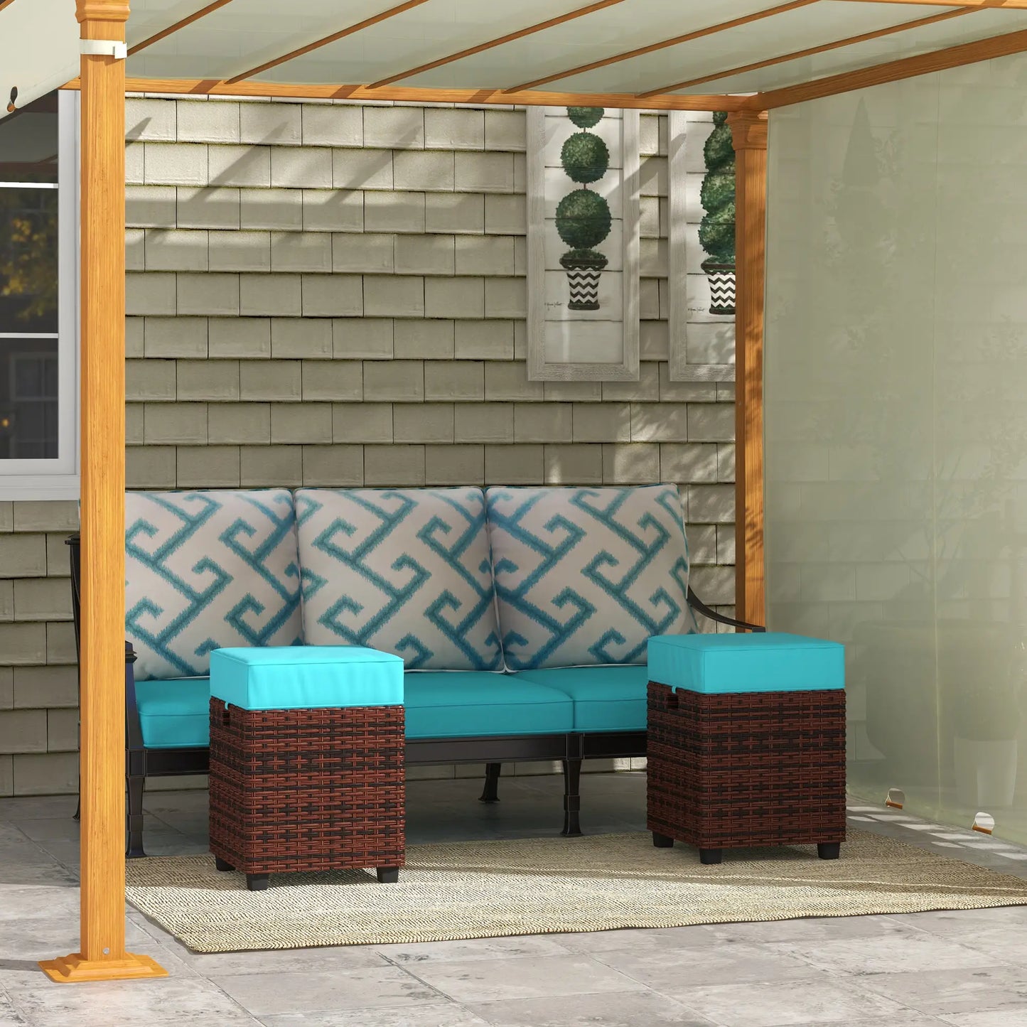 2 Pcs Square PE Rattan Ottoman Set, Outdoor Footrest with Removable Cushion, Sky Blue Patio Furniture Sets at Gallery Canada