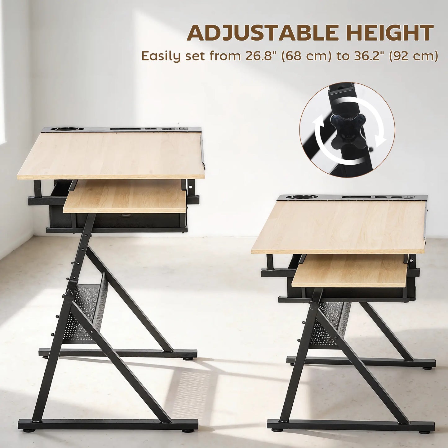 Adjustable Drafting Table, Art Desk With Stool And Storage Drawers, Oak Writing Desks at Gallery Canada