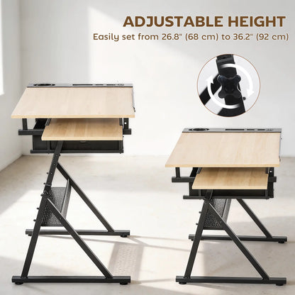 Adjustable Drafting Table, Art Desk With Stool And Storage Drawers, Oak Writing Desks at Gallery Canada