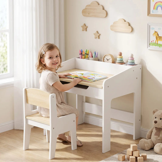 Kids Table and Chair Set, Study Desk with Shelf, White, White Kids Table Sets Multi Colour at Gallery Canada