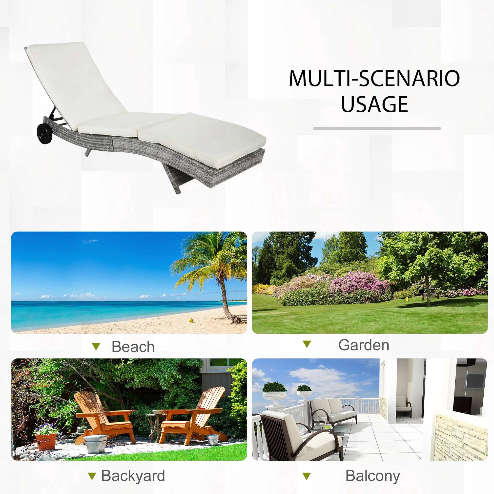Adjustable Wicker Chaise Lounge with Cushion, Wheels, Cream White Chaise Loungers at Gallery Canada