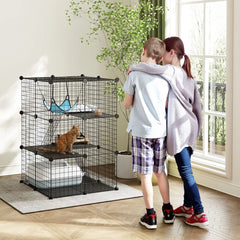 3 Tier Cat Cage Crate, DIY Pet Playpen, Black Outdoor Cat Enclosures Black, Blue at Gallery Canada