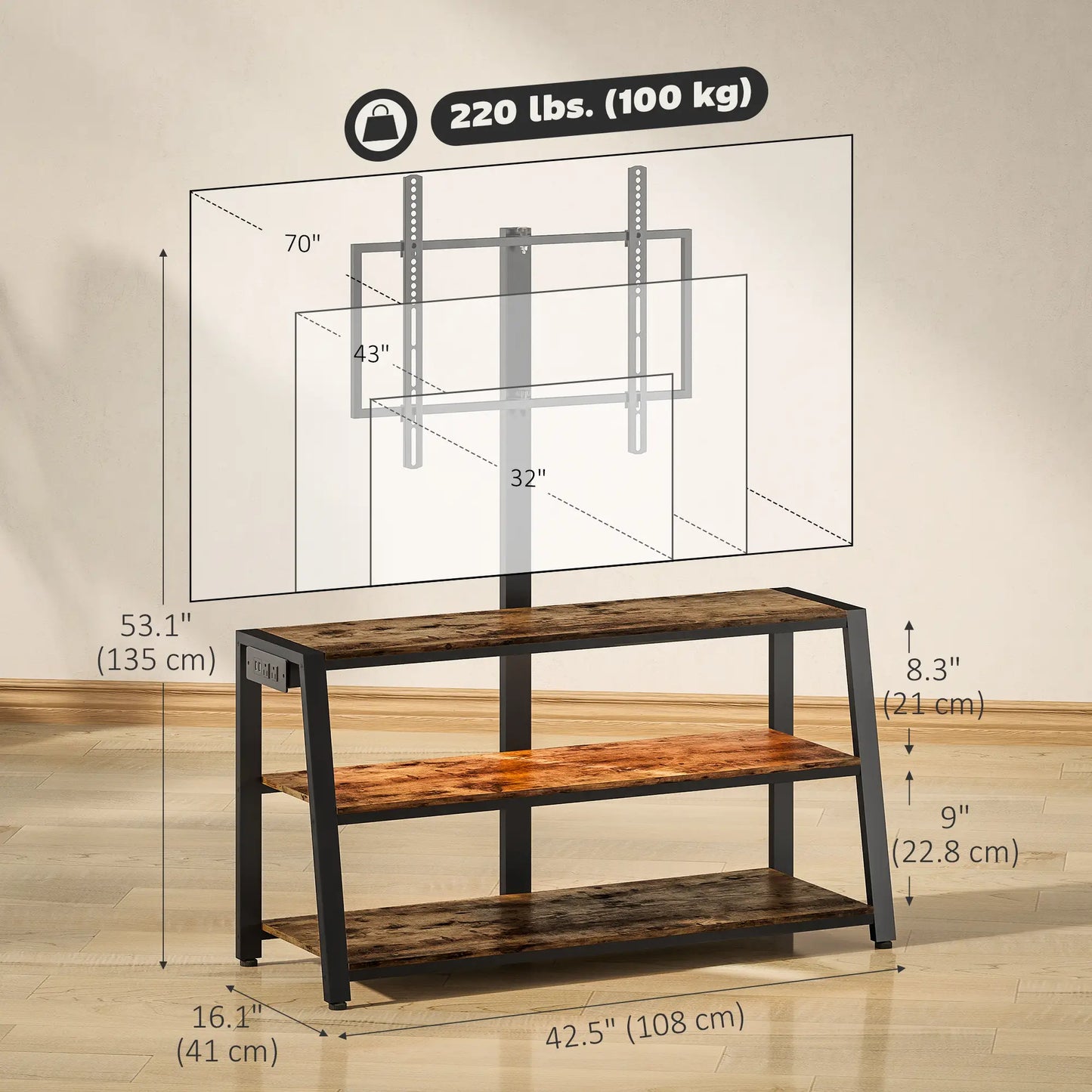 TV Stand with Mount, Power Outlet, LED Lights, for 32-70 Inch TVs TV Stands at Gallery Canada