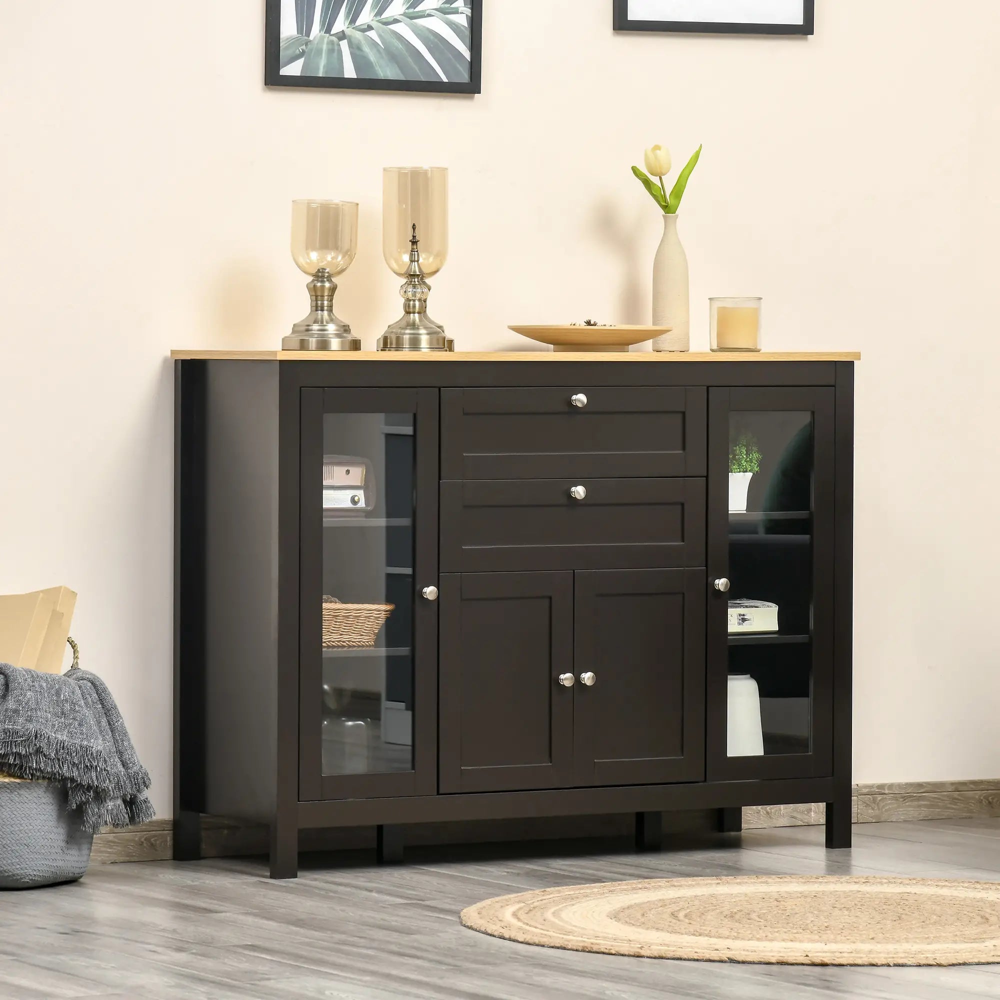 Buffet Cabinet Sideboard, 2 Drawers, 3 Storage Cabinets, Glass Doors, Dark Brown Bar Cabinets at Gallery Canada