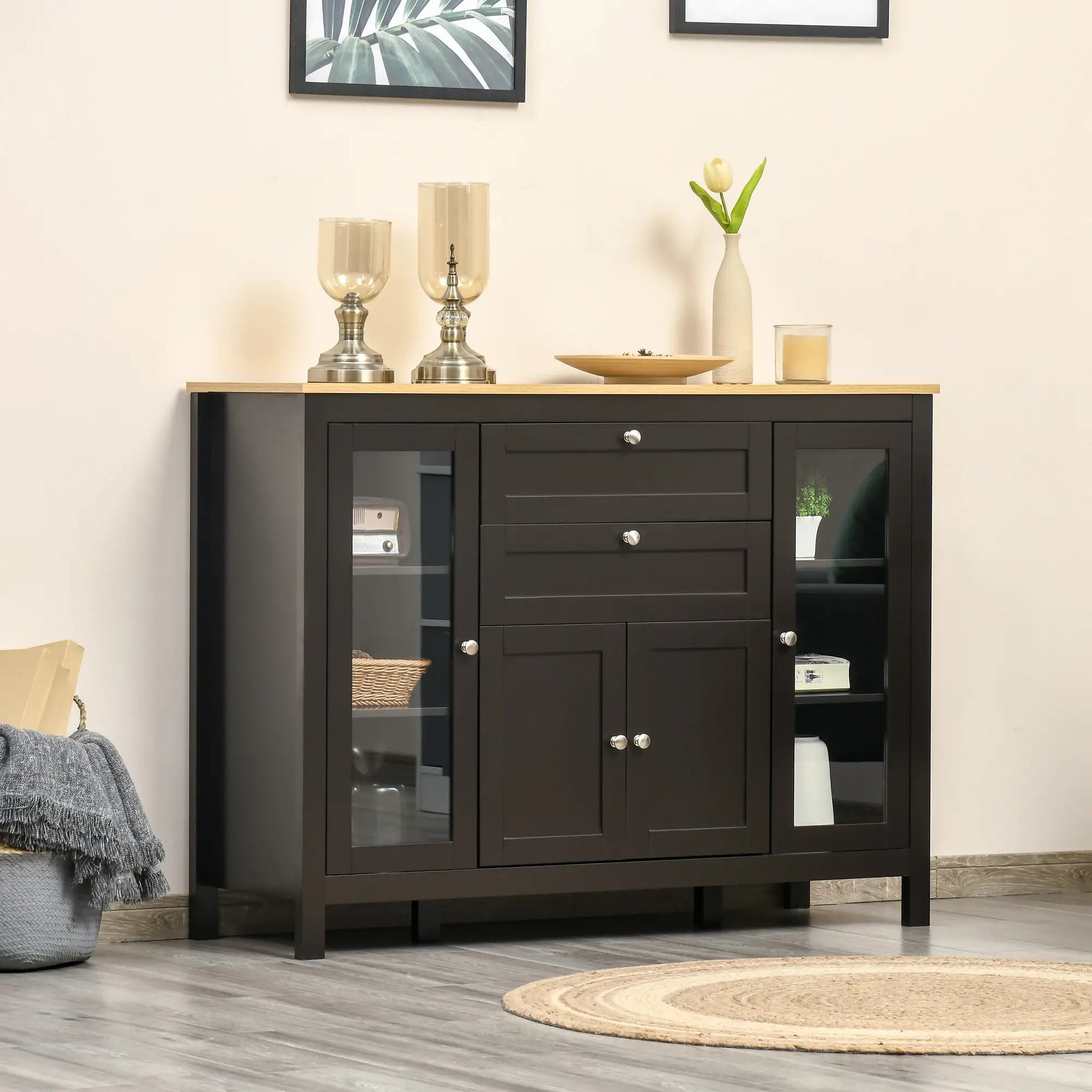 Buffet Cabinet Sideboard, 2 Drawers, 3 Storage Cabinets, Glass Doors, Dark Brown Bar Cabinets at Gallery Canada