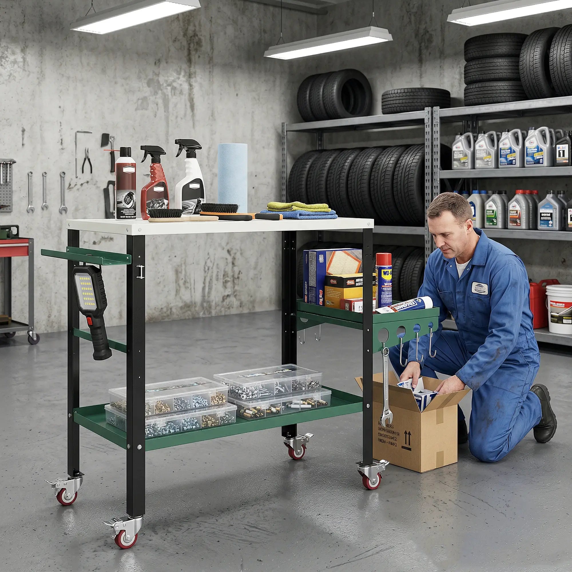 2Tier Rolling Tool Cart with Wheels, Lockable Steel Heavy Duty Cart with Side Tray, Silver &; Green Tool Organizers at Gallery Canada