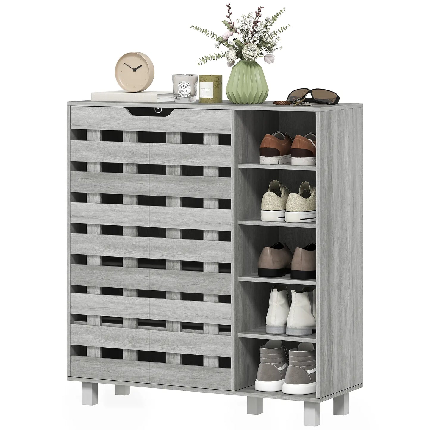21 Pair Shoe Cabinet, 5-Tier Double Door, Light Grey Shoe Storage Cabinets & Racks Distressed Light Grey at Gallery Canada