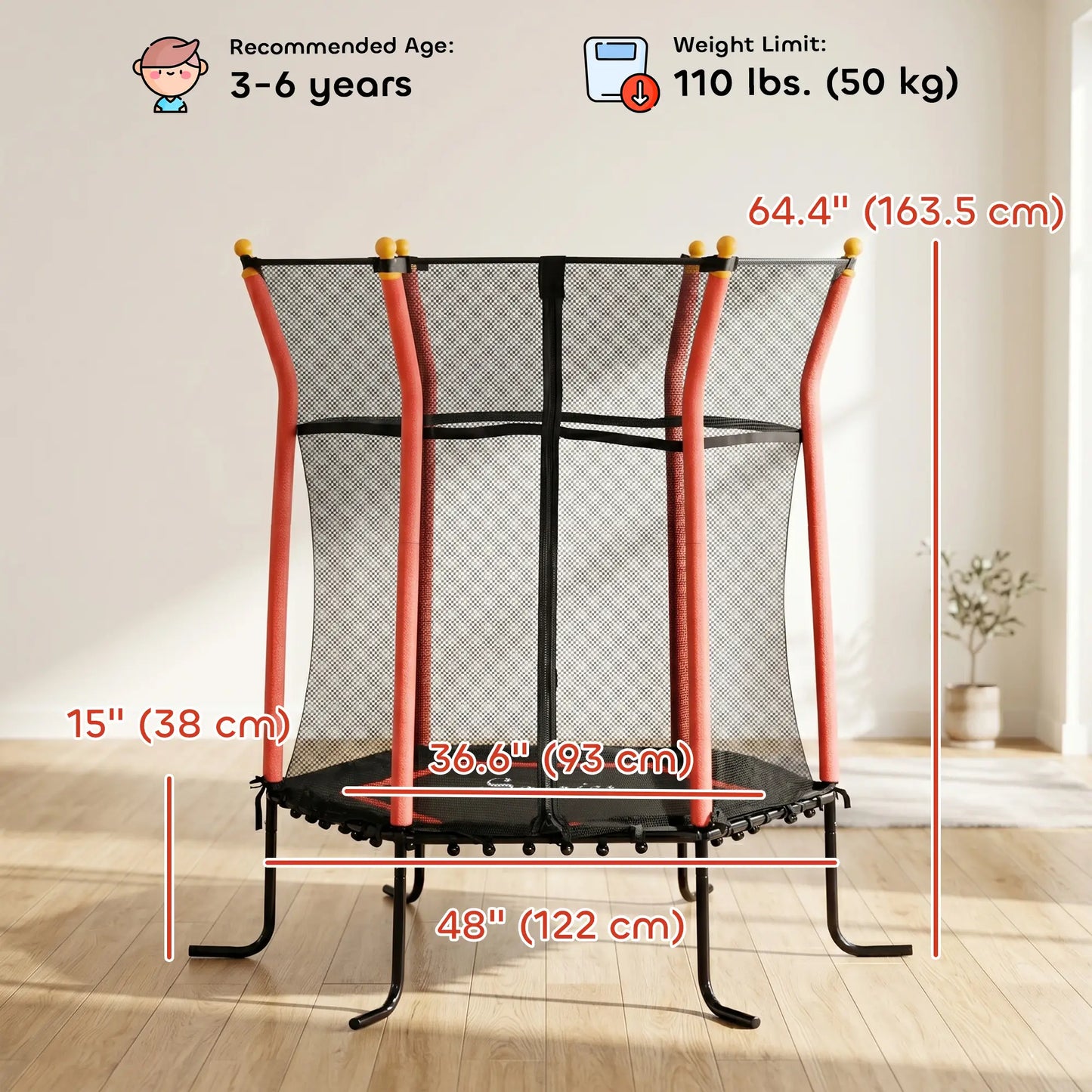 64" Kids Trampoline, Indoor Outdoor, Enclosure Net, Red Trampolines at Gallery Canada