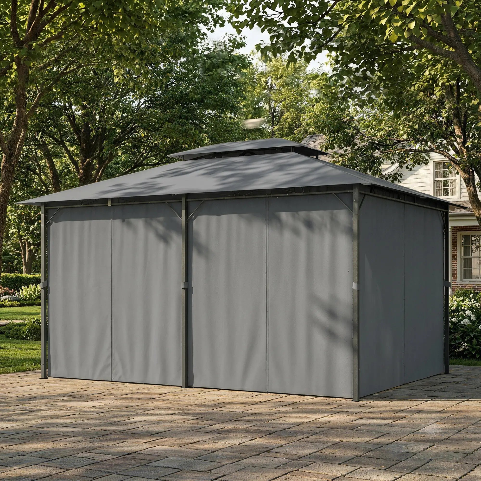 13L x 10W x 8.7H Patio Gazebo, 2-Tier Canopy with Curtains, Grey Gazebos at Gallery Canada
