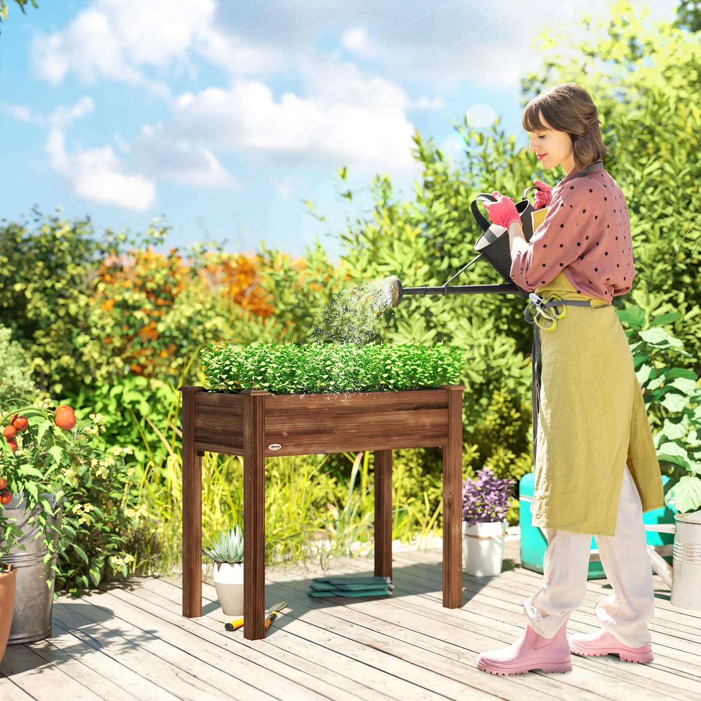 34" x 18" x 30" Wooden Raised Garden Bed Planter, Elevated With Legs, Carbonized