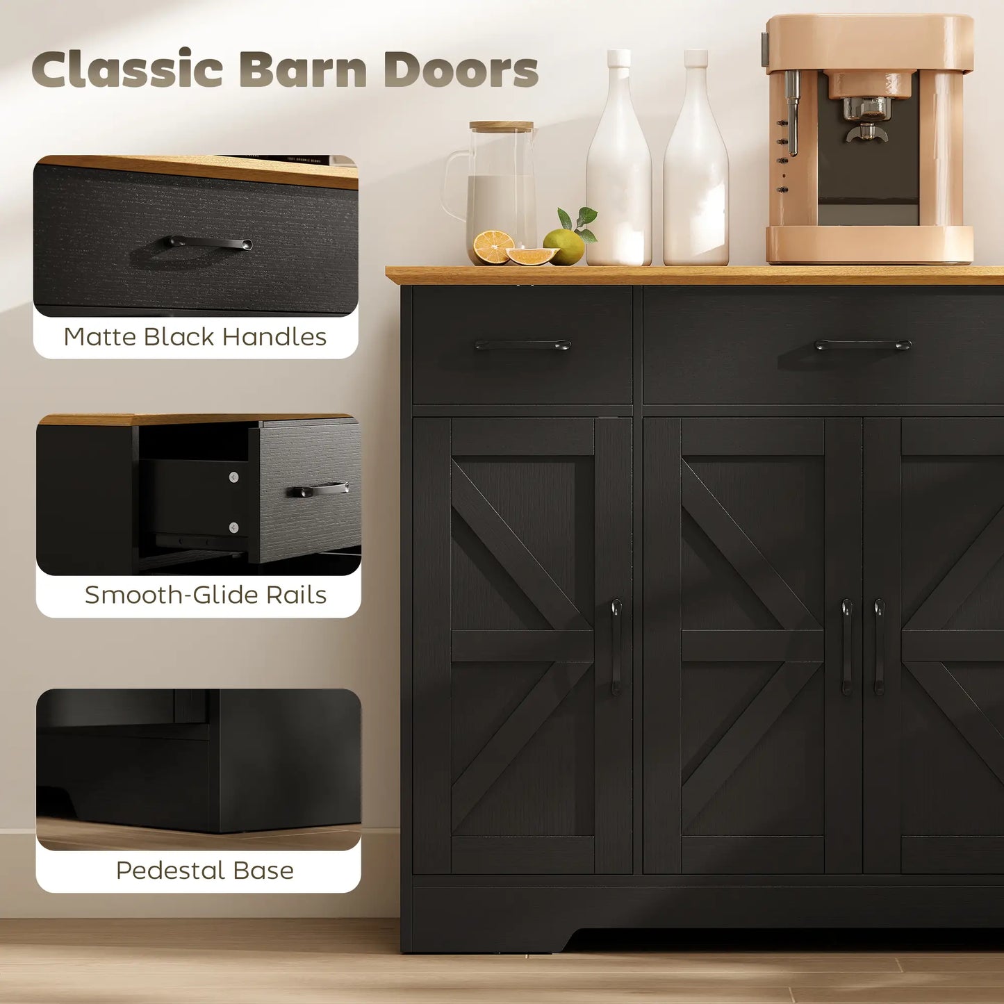 47" Buffet Cabinet, Farmhouse Sideboard, 3 Drawers, Adjustable Shelves, Black Bar Cabinets at Gallery Canada