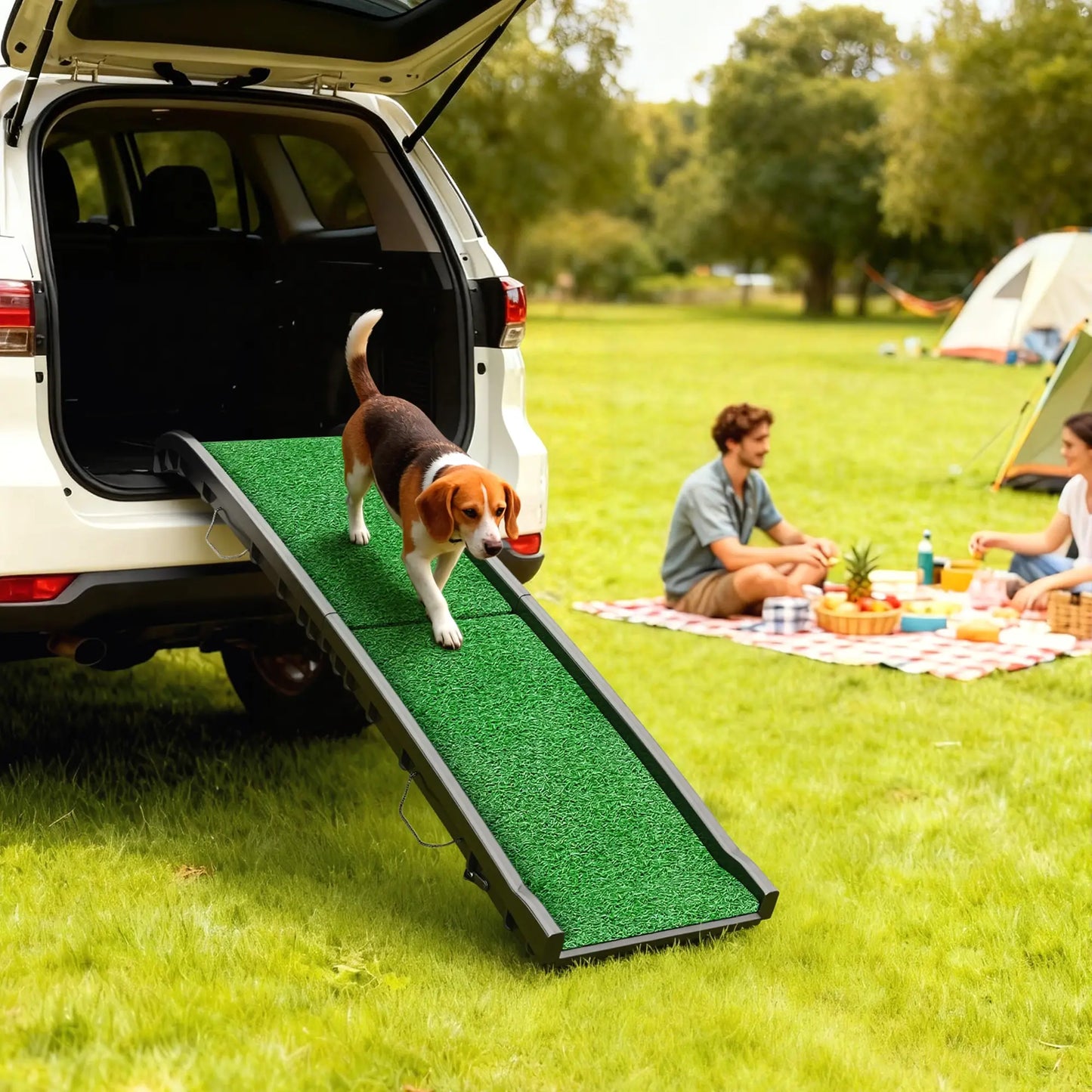 61 Pouces Rampe pour Animaux de Compagnie Pliable avec Surface en Herbe, Garde-Corps Surélevés