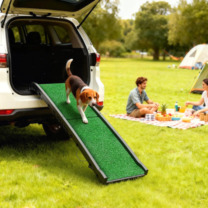 61 Pouces Rampe pour Animaux de Compagnie Pliable avec Surface en Herbe, Garde-Corps Surélevés